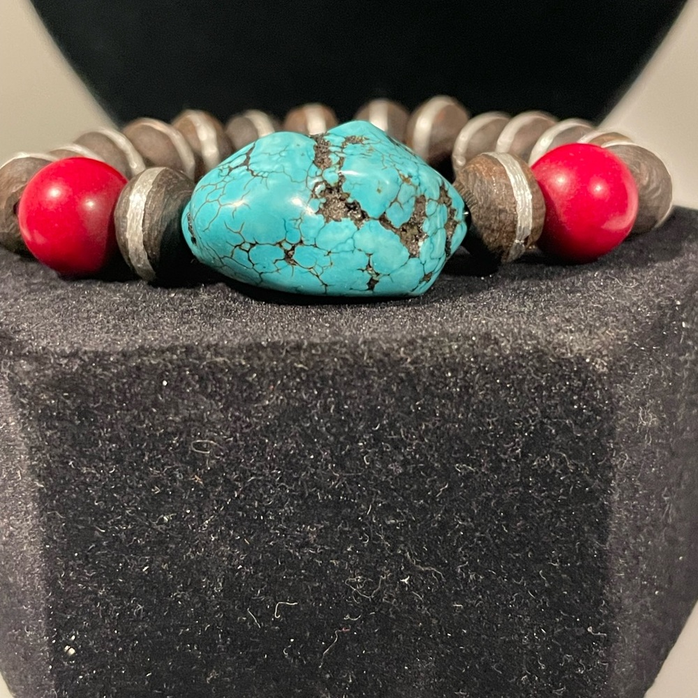 Turquoise, Coral and African Wood Bead Bracelet - Picture 4 of 6
